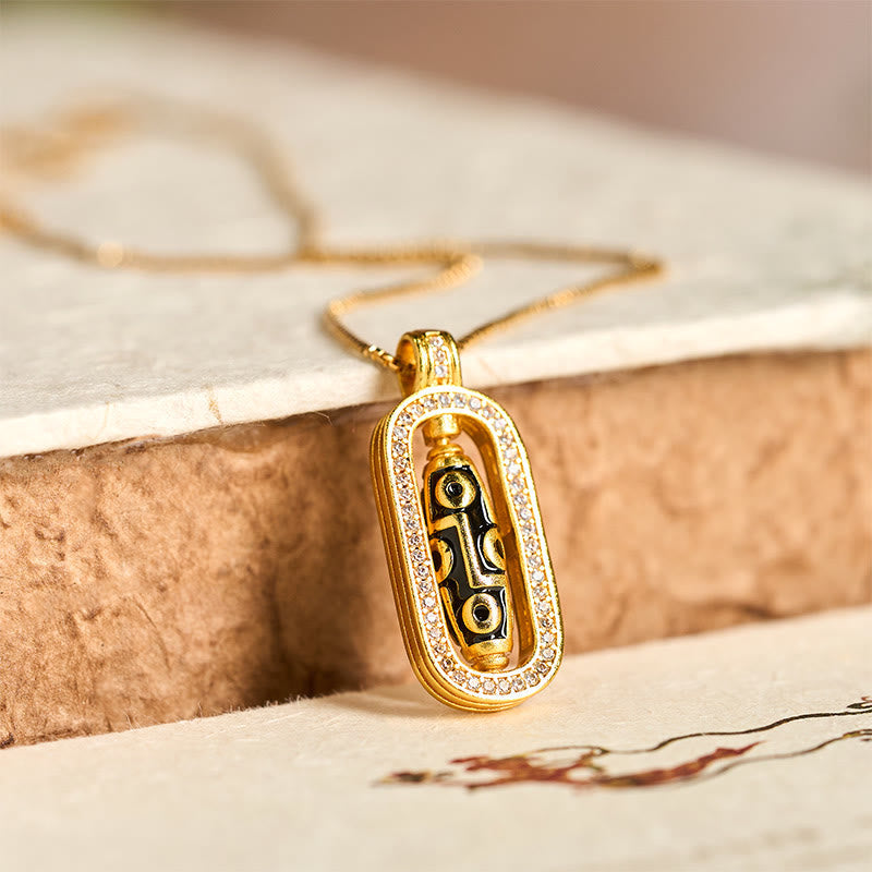 24k Gold Plated Brass Nine-eye Dzi Bead Auspicious Pattern Wealth Pendant Necklace