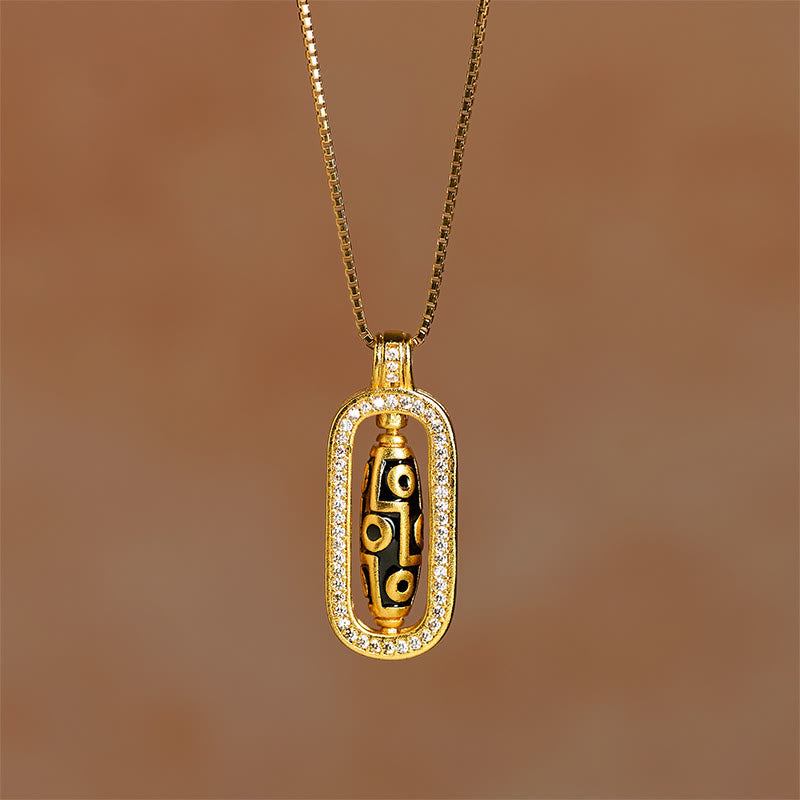 24k Gold Plated Brass Nine-eye Dzi Bead Auspicious Pattern Wealth Pendant Necklace