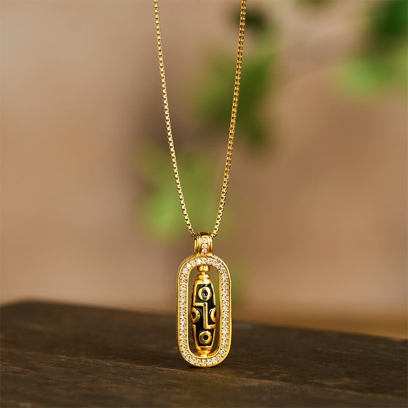 24k Gold Plated Brass Nine-eye Dzi Bead Auspicious Pattern Wealth Pendant Necklace