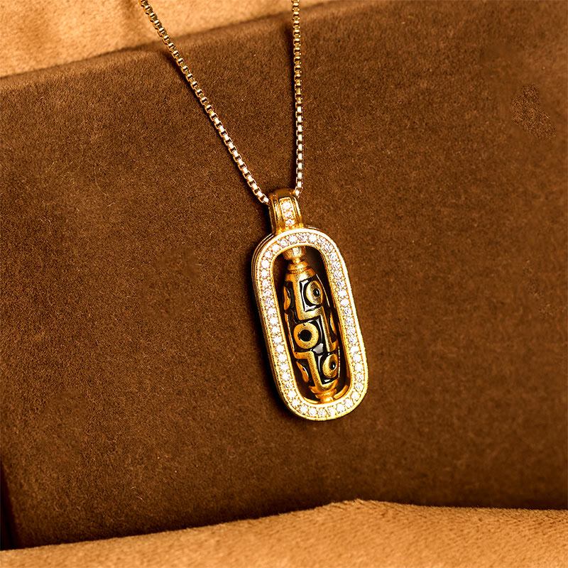 24k Gold Plated Brass Nine-eye Dzi Bead Auspicious Pattern Wealth Pendant Necklace