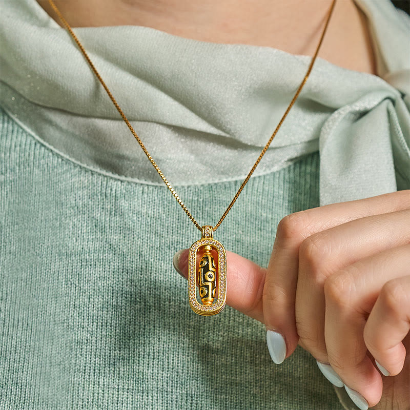 24k Gold Plated Brass Nine-eye Dzi Bead Auspicious Pattern Wealth Pendant Necklace