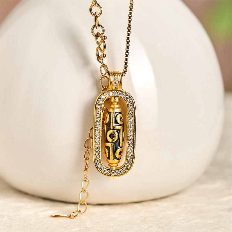24k Gold Plated Brass Nine-eye Dzi Bead Auspicious Pattern Wealth Pendant Necklace