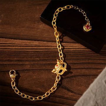 24k Gold Plated Brass Fox & Heart Charm Adjustable Chain Bracelet