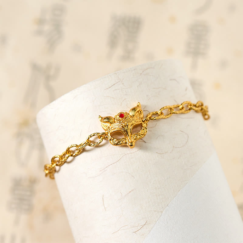 24k Gold Plated Brass Fox & Heart Charm Adjustable Chain Bracelet