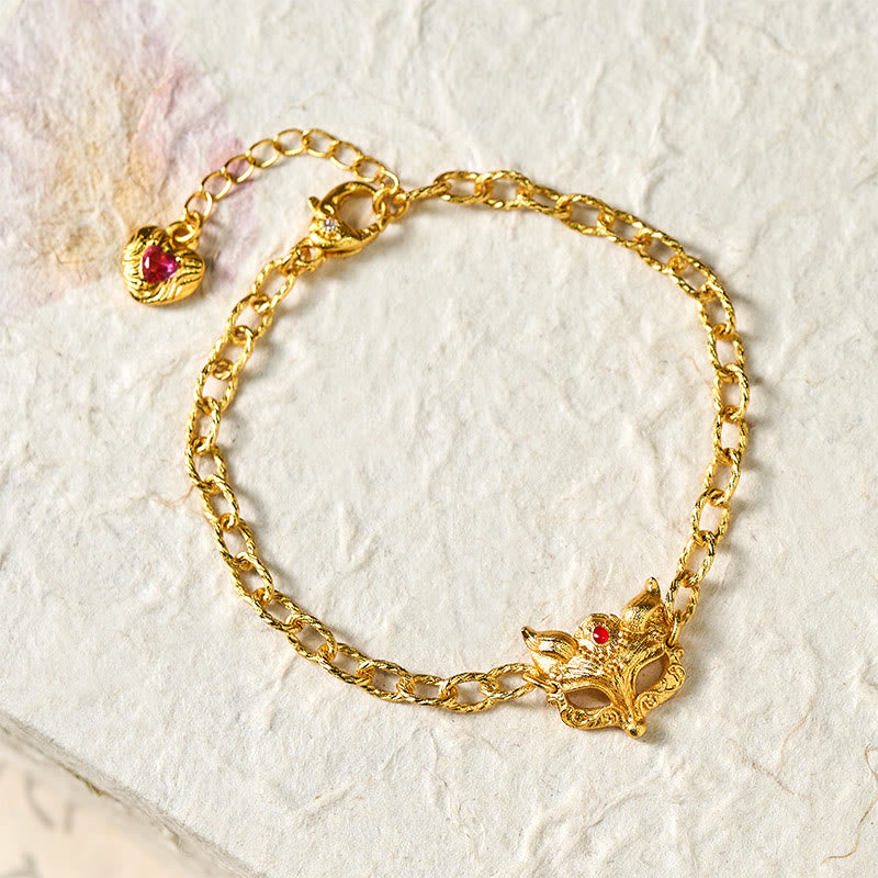 24k Gold Plated Brass Fox & Heart Charm Adjustable Chain Bracelet