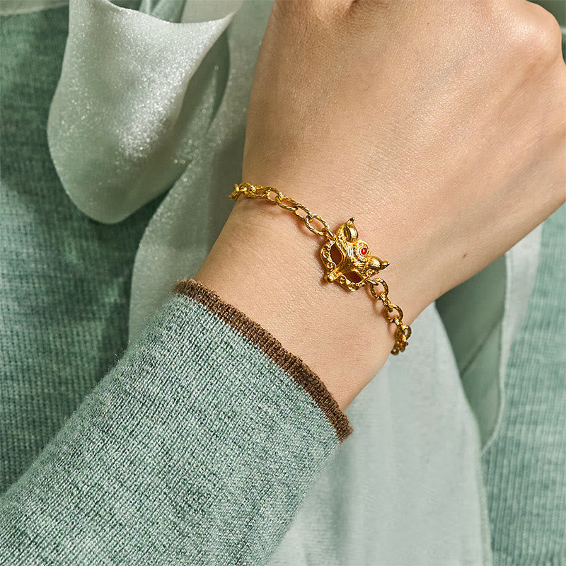 24k Gold Plated Brass Fox & Heart Charm Adjustable Chain Bracelet