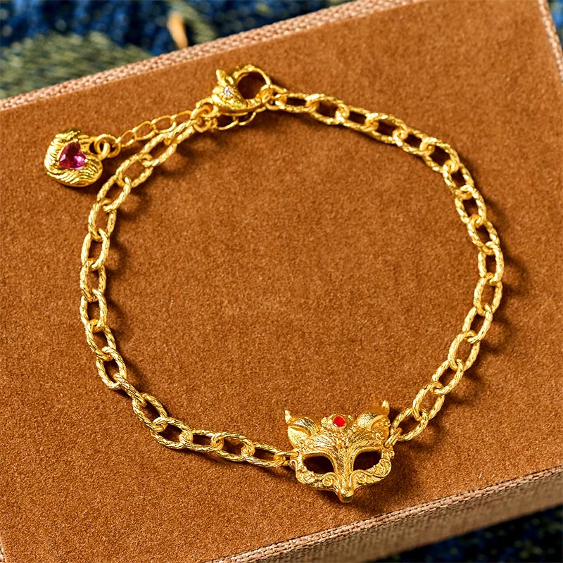 24k Gold Plated Brass Fox & Heart Charm Adjustable Chain Bracelet