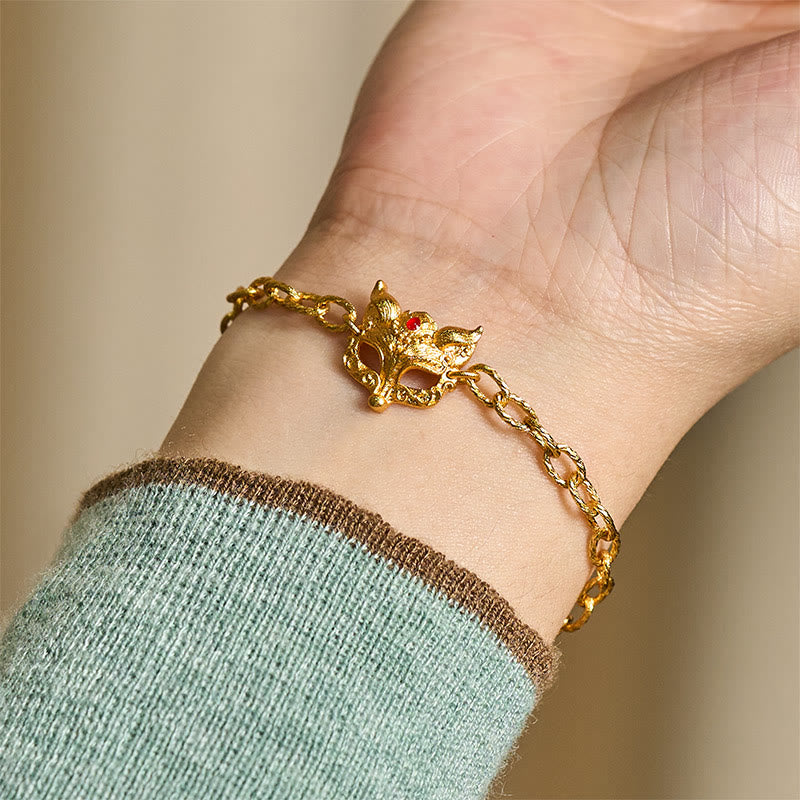 24k Gold Plated Brass Fox & Heart Charm Adjustable Chain Bracelet