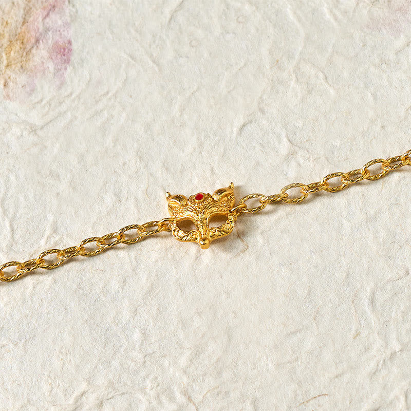 24k Gold Plated Brass Fox & Heart Charm Adjustable Chain Bracelet