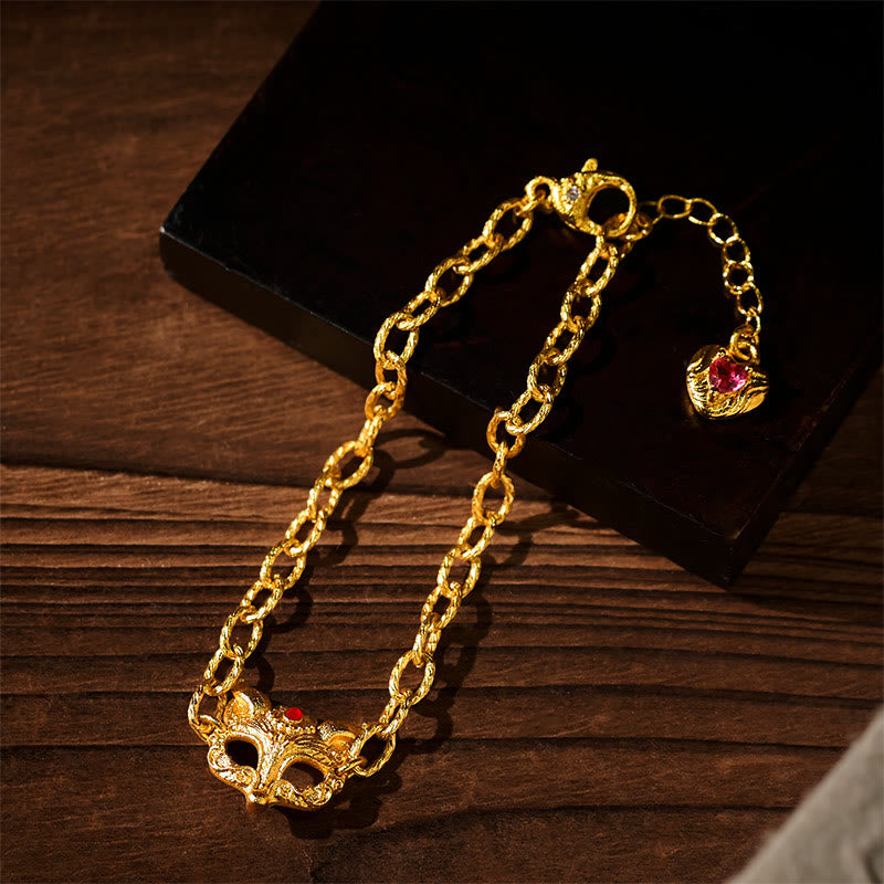 24k Gold Plated Brass Fox & Heart Charm Adjustable Chain Bracelet