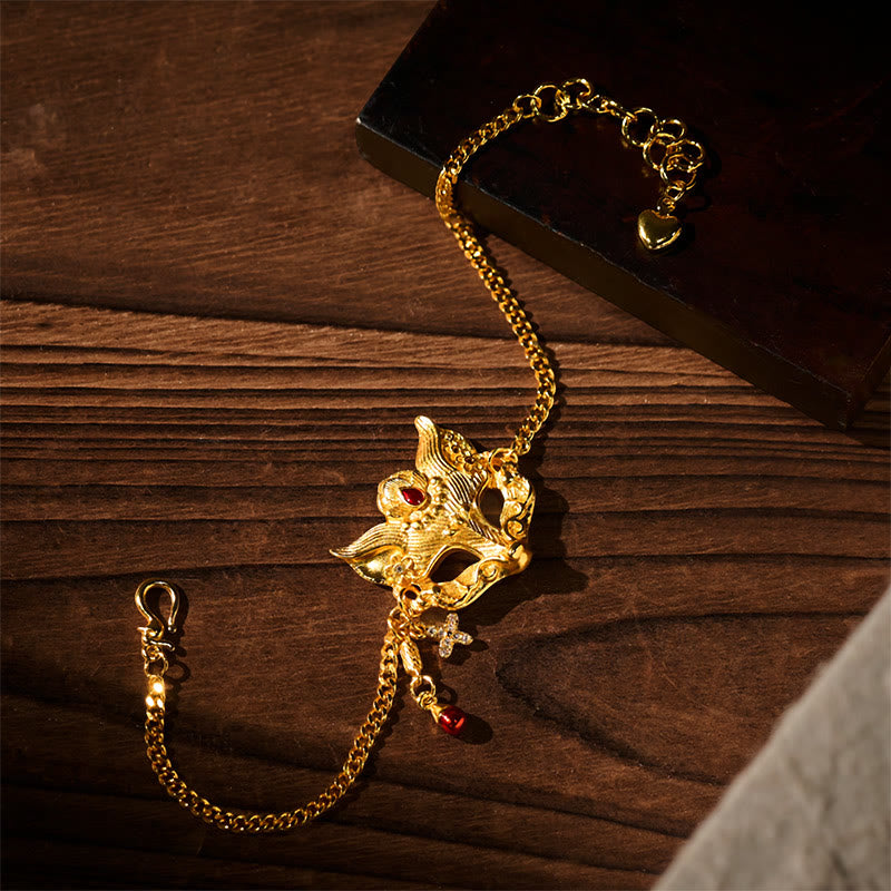 24k Gold Plated Brass Fox Mask Charm Tassel Chain Bracelet