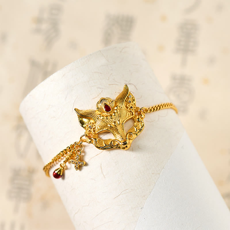 24k Gold Plated Brass Fox Mask Charm Tassel Chain Bracelet