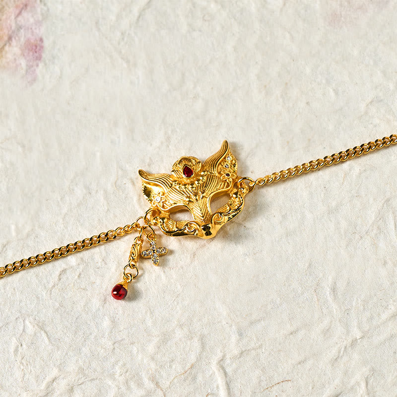 24k Gold Plated Brass Fox Mask Charm Tassel Chain Bracelet