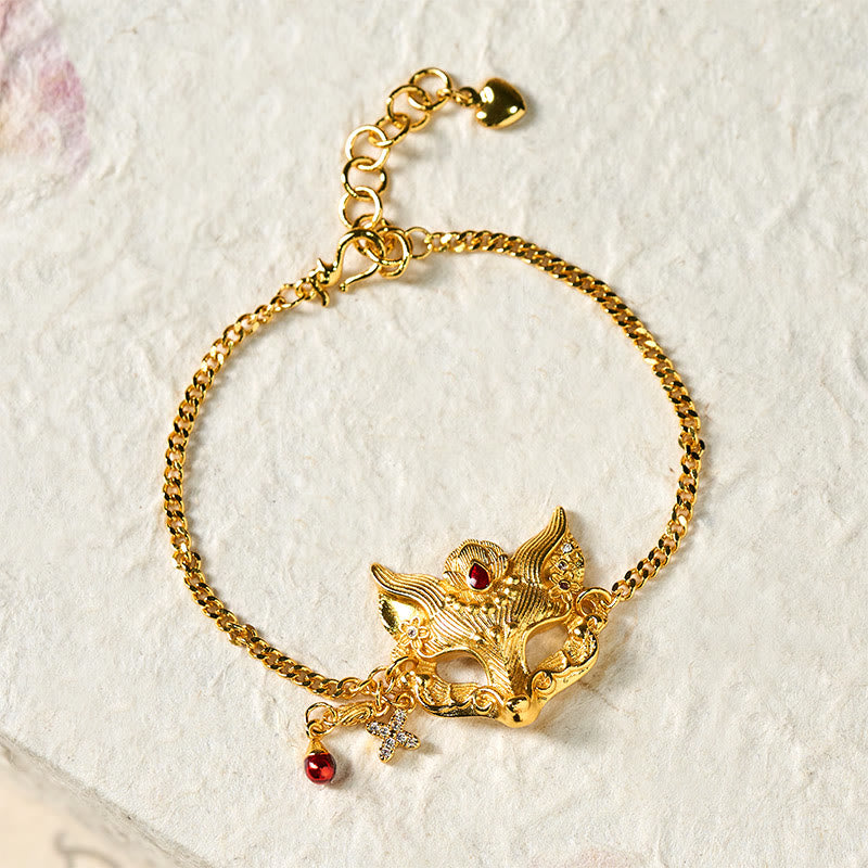 24k Gold Plated Brass Fox Mask Charm Tassel Chain Bracelet