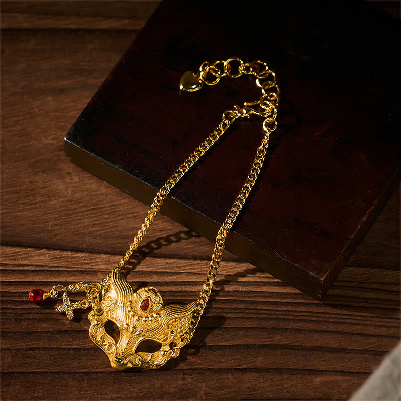 24k Gold Plated Brass Fox Mask Charm Tassel Chain Bracelet
