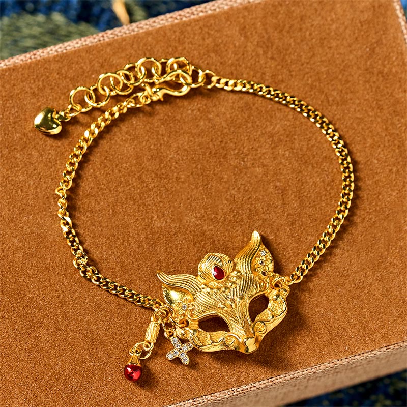 24k Gold Plated Brass Fox Mask Charm Tassel Chain Bracelet