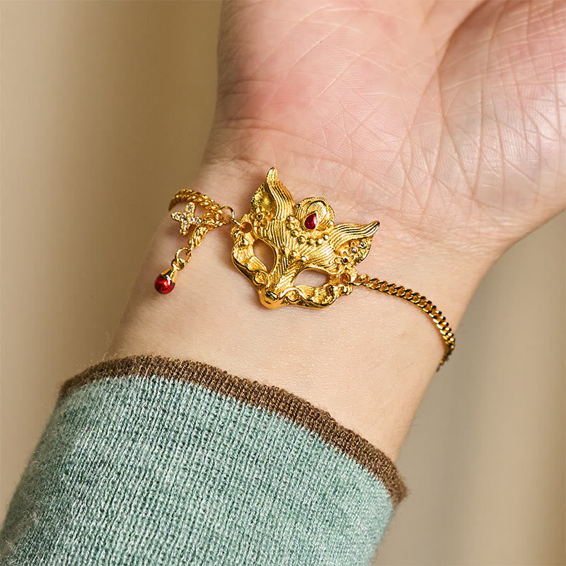 24k Gold Plated Brass Fox Mask Charm Tassel Chain Bracelet