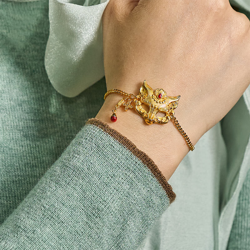 24k Gold Plated Brass Fox Mask Charm Tassel Chain Bracelet