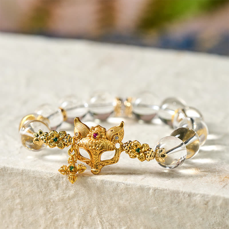 Clear Quartz Beaded Bracelet with Fox and Cross Charms