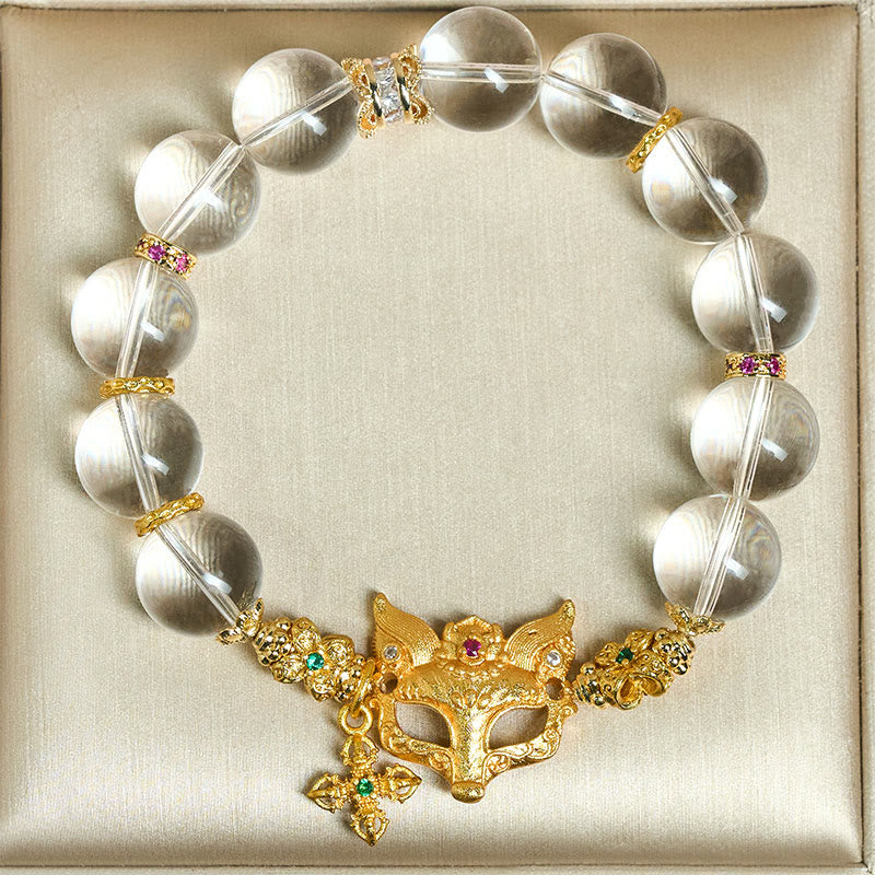 Clear Quartz Beaded Bracelet with Fox and Cross Charms