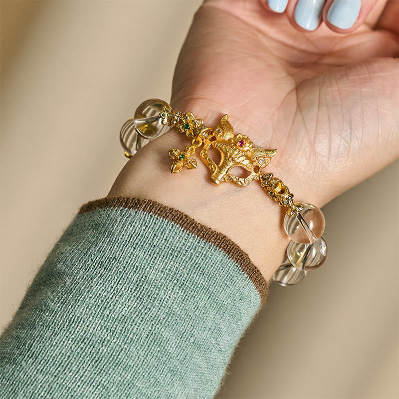 Clear Quartz Beaded Bracelet with Fox and Cross Charms