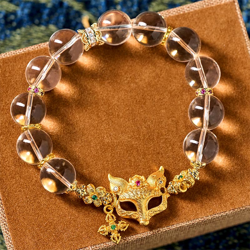 Clear Quartz Beaded Bracelet with Fox and Cross Charms
