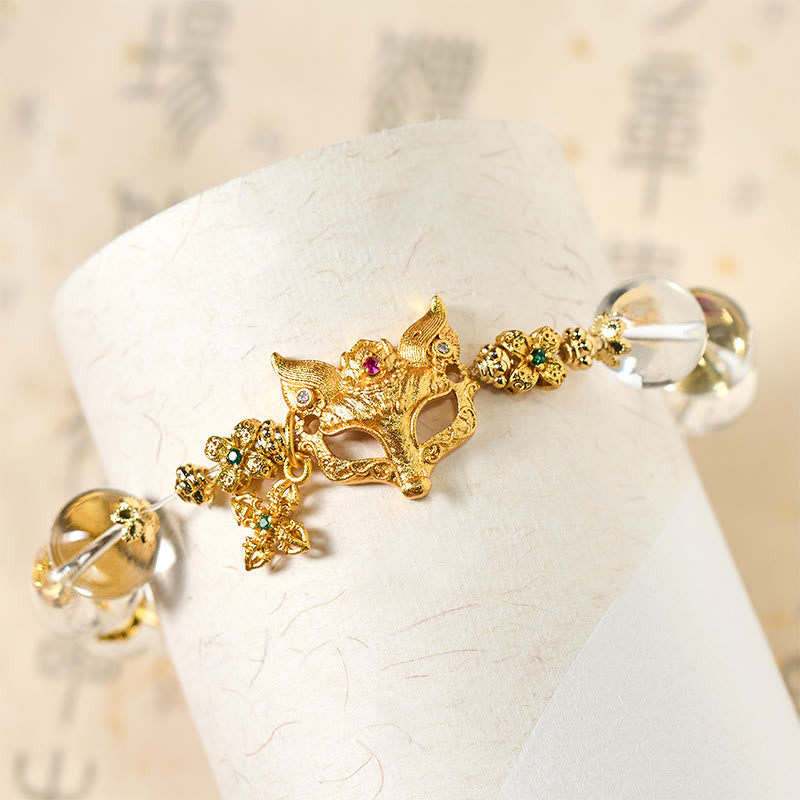 Clear Quartz Beaded Bracelet with Fox and Cross Charms