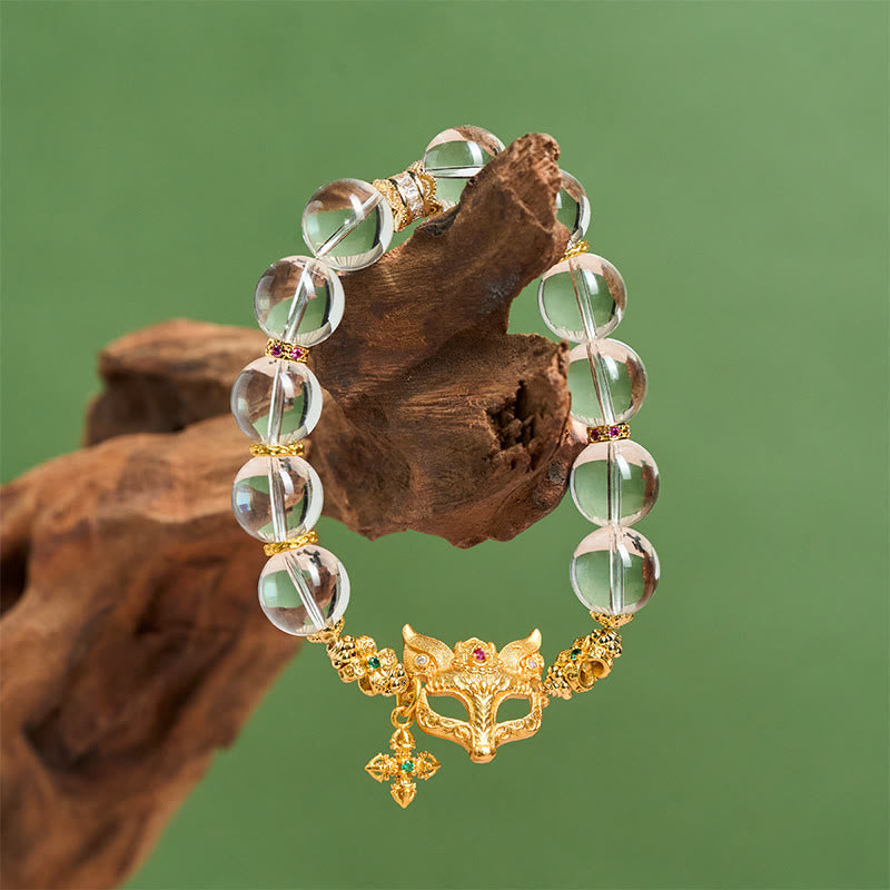 Clear Quartz Beaded Bracelet with Fox and Cross Charms