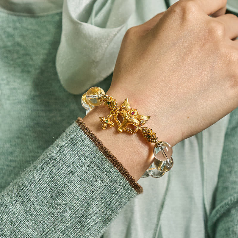 Clear Quartz Beaded Bracelet with Fox and Cross Charms