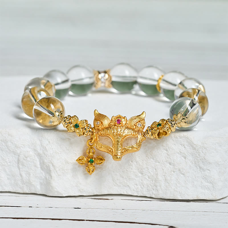 Clear Quartz Beaded Bracelet with Fox and Cross Charms