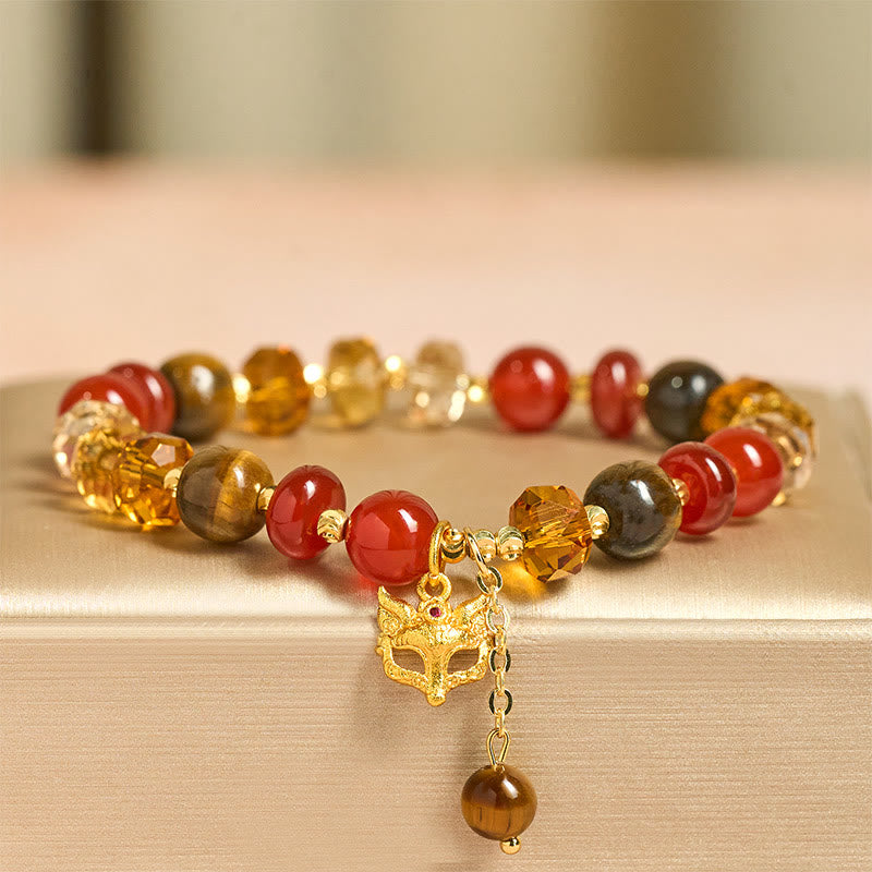 Red Agate Tiger Eye Fox Charm Calm Beaded Bracelet