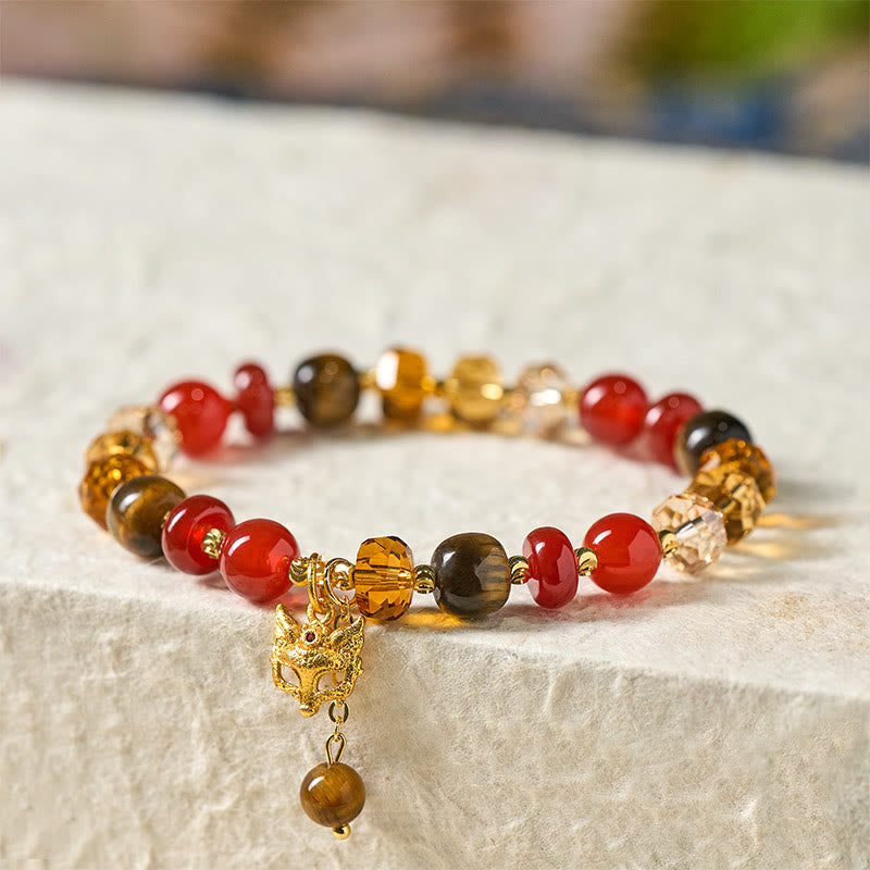 Red Agate Tiger Eye Fox Charm Calm Beaded Bracelet
