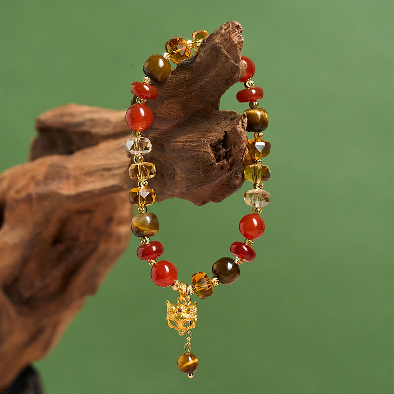 Red Agate Tiger Eye Fox Charm Calm Beaded Bracelet