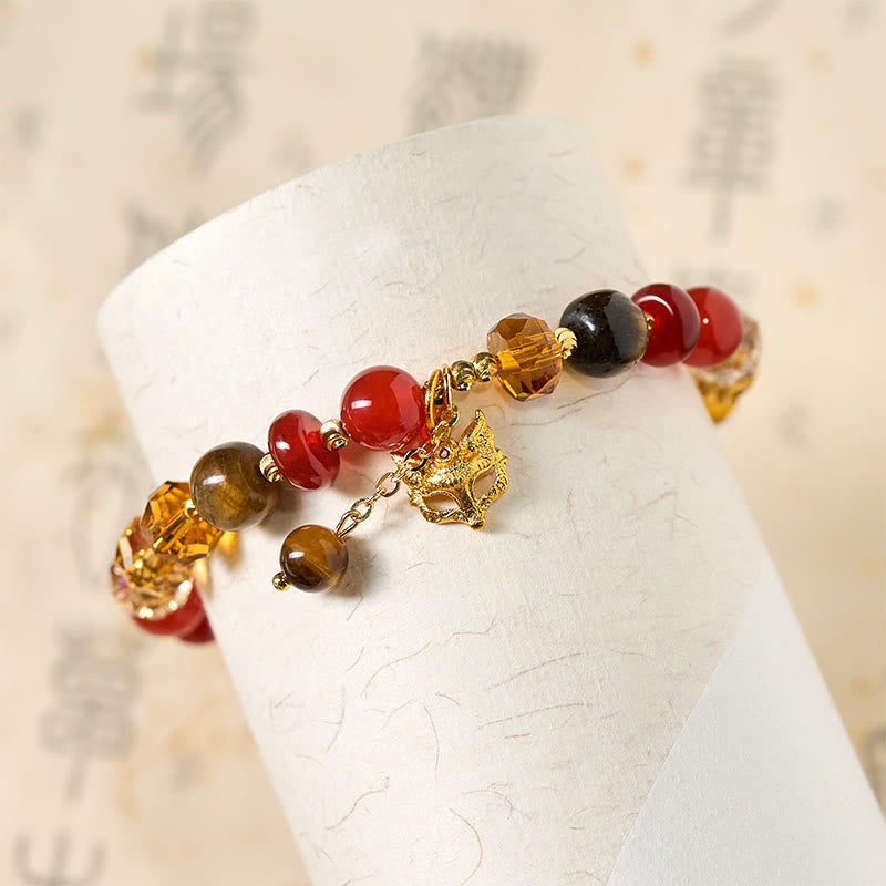 Red Agate Tiger Eye Fox Charm Calm Beaded Bracelet