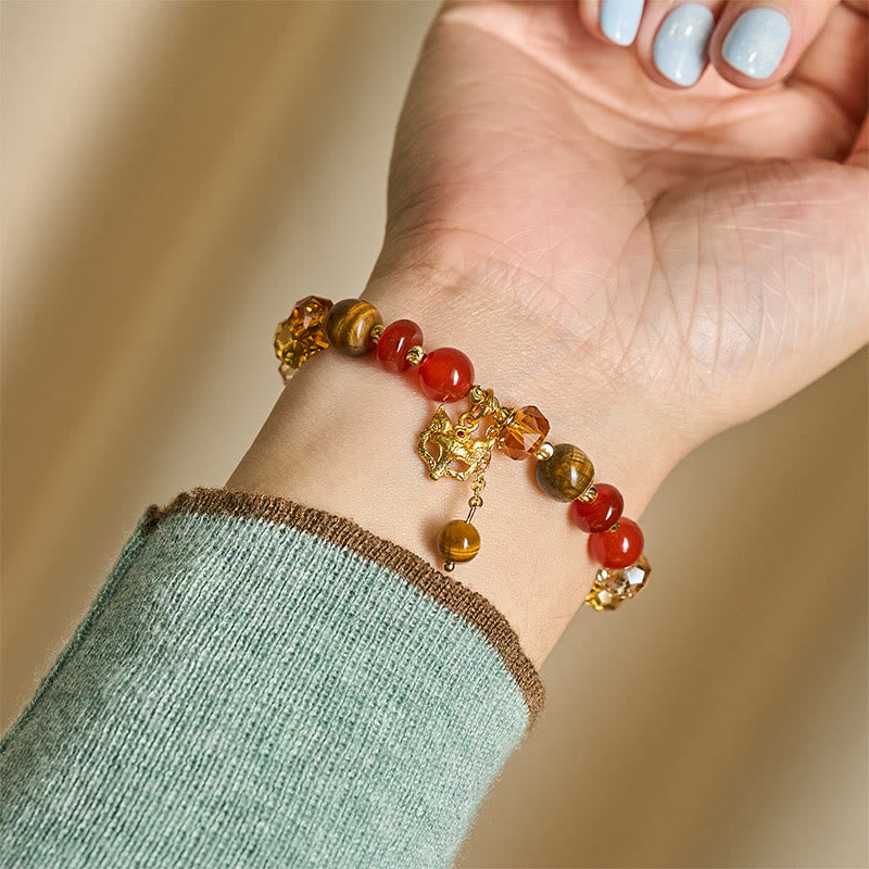 Red Agate Tiger Eye Fox Charm Calm Beaded Bracelet