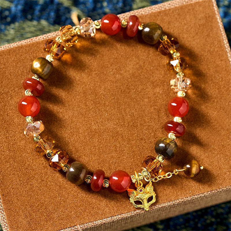 Red Agate Tiger Eye Fox Charm Calm Beaded Bracelet