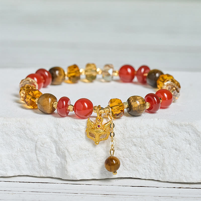 Red Agate Tiger Eye Fox Charm Calm Beaded Bracelet