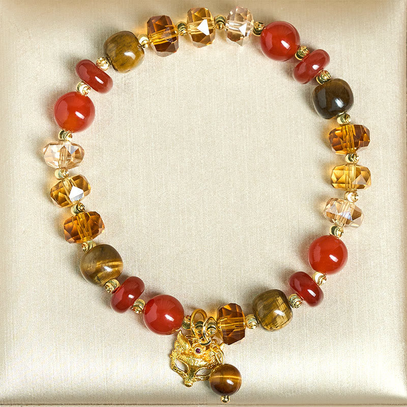 Red Agate Tiger Eye Fox Charm Calm Beaded Bracelet