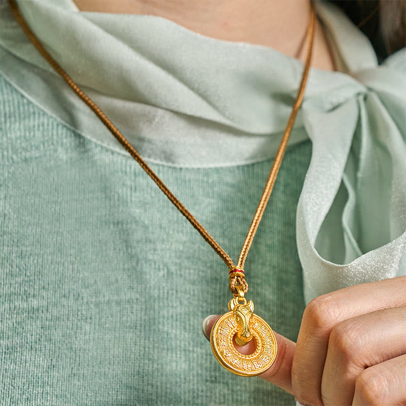 Year Of The Horse Peace Buckle Fu Character Gold Plated Copper Energy Necklace Pendant