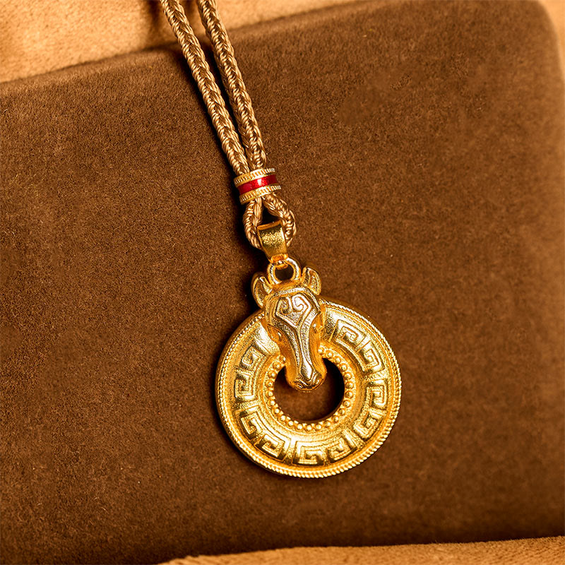 Year Of The Horse Peace Buckle Fu Character Gold Plated Copper Energy Necklace Pendant