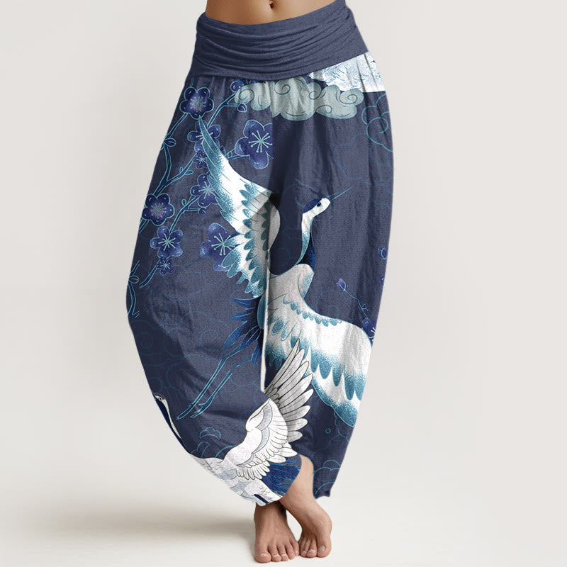 Tactile Cotton Crane Motif Mindful Movement Harem Pants