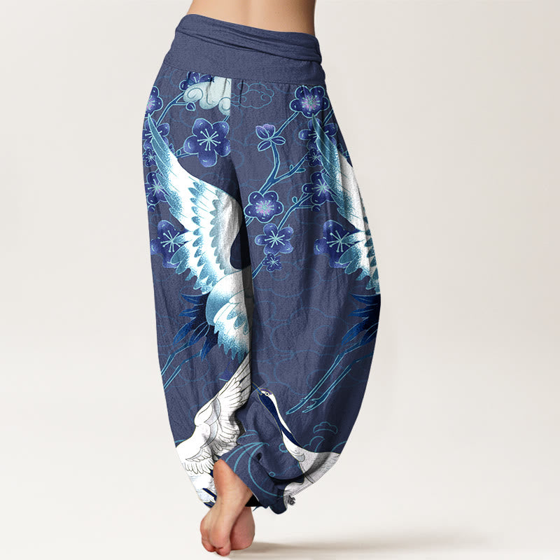 Tactile Cotton Crane Motif Mindful Movement Harem Pants