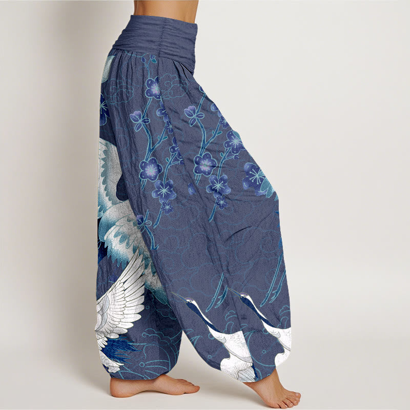 Tactile Cotton Crane Motif Mindful Movement Harem Pants