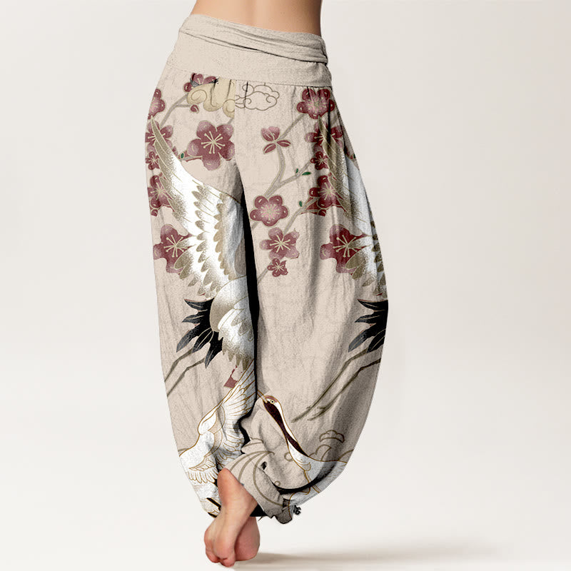 Tactile Cotton Crane Motif Mindful Movement Harem Pants