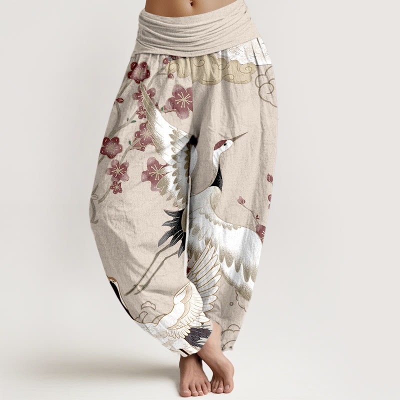 Tactile Cotton Crane Motif Mindful Movement Harem Pants