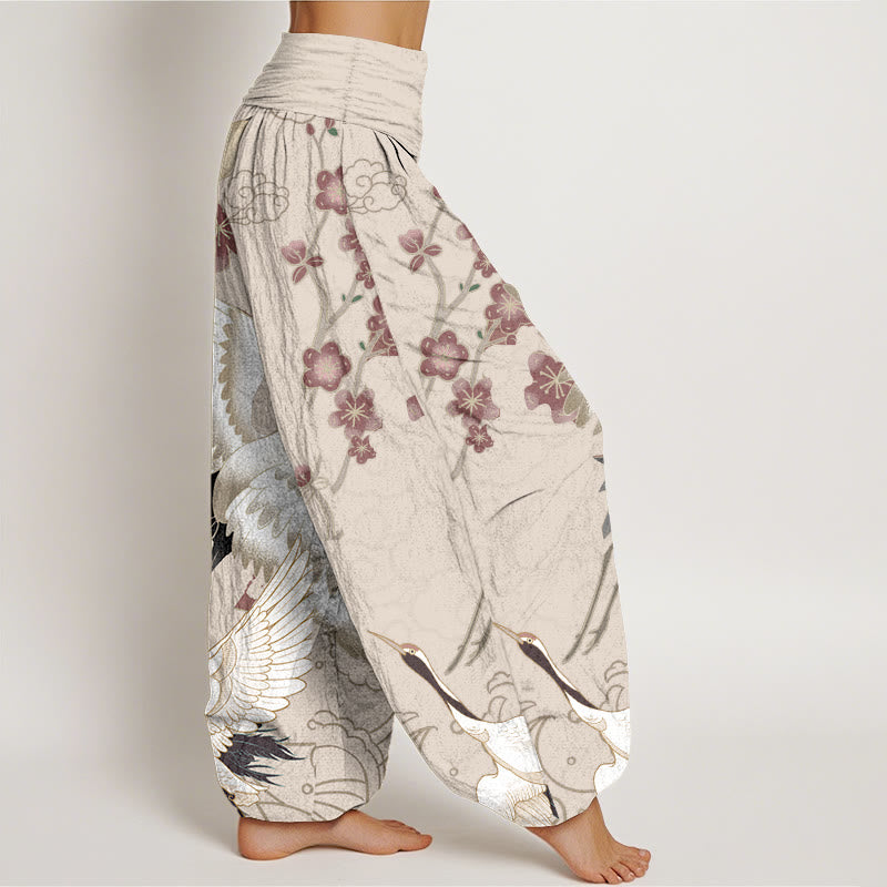 Tactile Cotton Crane Motif Mindful Movement Harem Pants