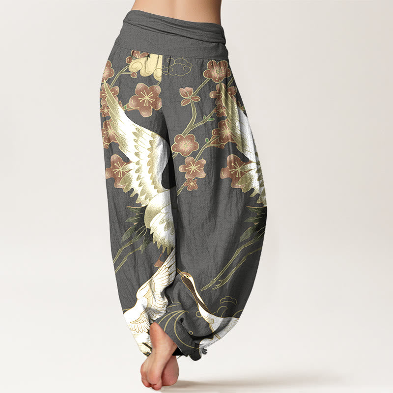 Tactile Cotton Crane Motif Mindful Movement Harem Pants