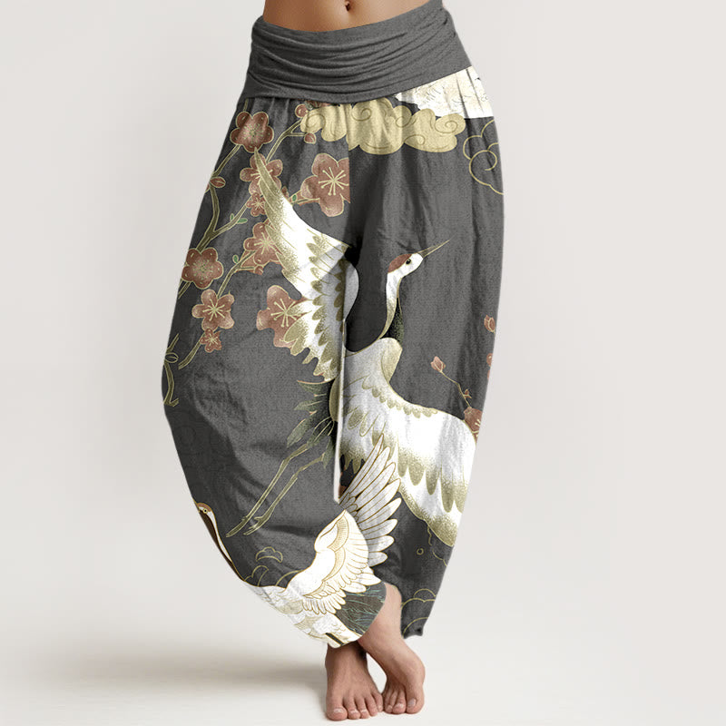 Tactile Cotton Crane Motif Mindful Movement Harem Pants