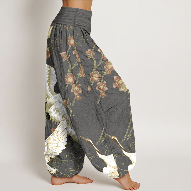 Tactile Cotton Crane Motif Mindful Movement Harem Pants