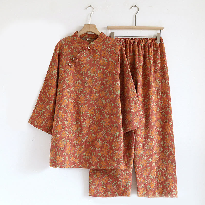 Tactile Cotton Floral Frog-Button Mindful Lounge 2-Piece Outfit